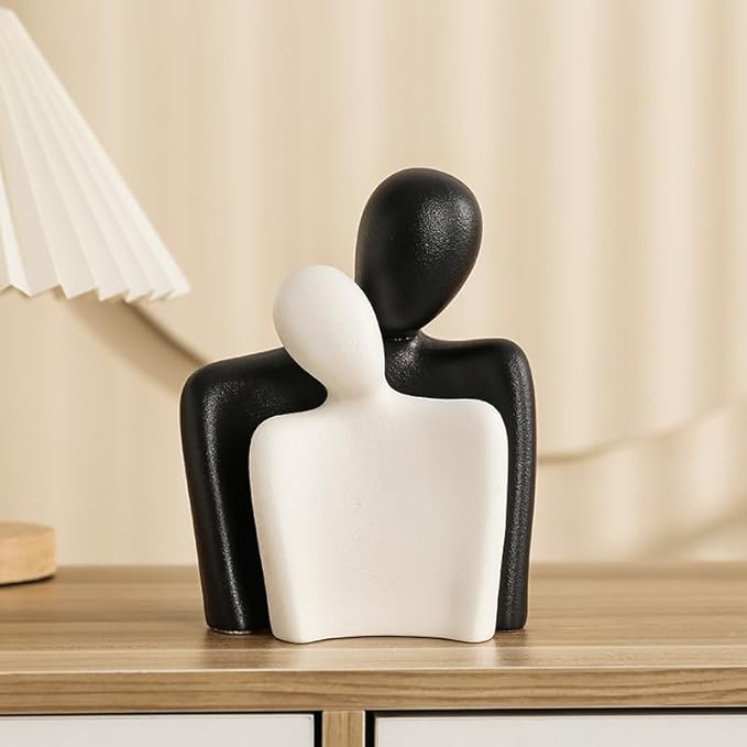 Ceramic Couple Statues for Home Decor, Hugging Couple Figurines, Modern Romantic Love Sculptures for Living Room Bedroom Office Shelf and Table Decor, Black White