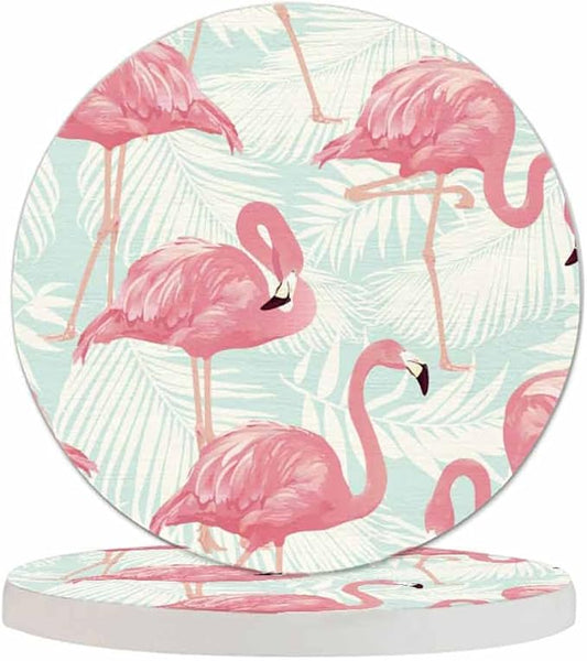 Flamingo Bird and Tropical Palm Anti Slip Coasters Elegant Tropical Pink Animal Romantic Cups Place Mats for Table Home Decor 4 Inches Living Room Kitchen Coffee Table,2 Pcs