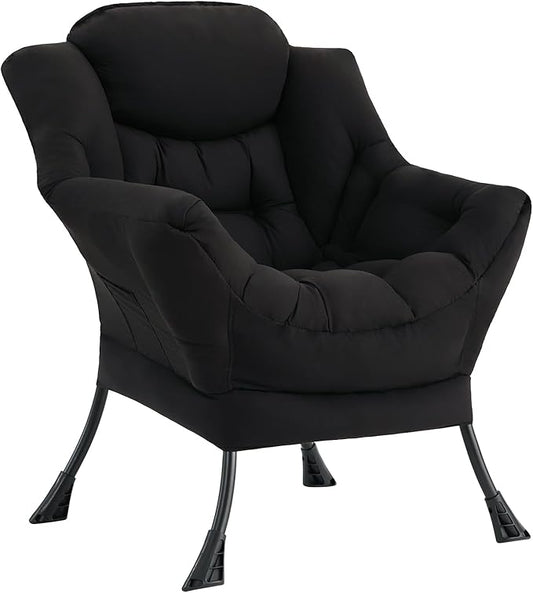 LITA Lazy Chair with Ottoman, Modern Accent Leisure Upholstered Sofa, Contemporary Lounge Reading Chair with Armrests and a Side Pocket for Living Room, Bedroom & Small Space, Single Black