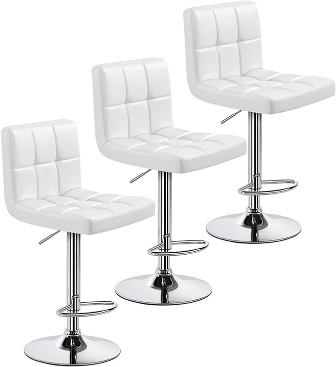 Yaheetech Bar Stools Set of 3, Adjustable PU Leather Swivel Barstools, Modern Counter Stools with Back and Footrest, Counter Height Barstools for Bar, Kitchen, Dining Room, White