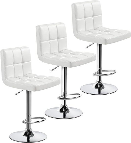 Yaheetech Bar Stools Set of 3, Adjustable PU Leather Swivel Barstools, Modern Counter Stools with Back and Footrest, Counter Height Barstools for Bar, Kitchen, Dining Room, White