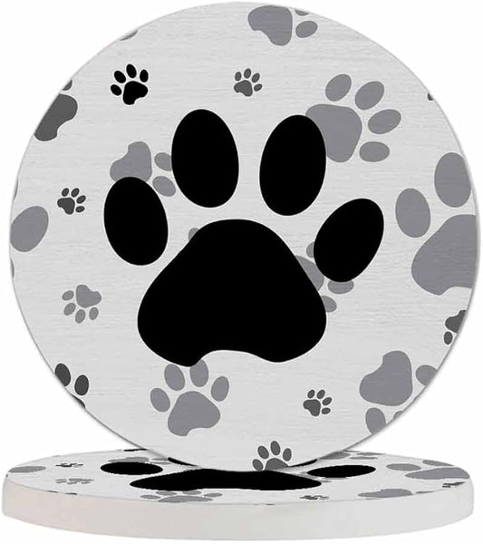 Black and Gray Paws Coaster for Drinks Individual Silhouette Cartoon Animal Dog Cat Paw Print Cute Puppy Kitten Feet Presents for Housewarming Birthday and Family 100% Diatomite 4''X 4'',2 Pack