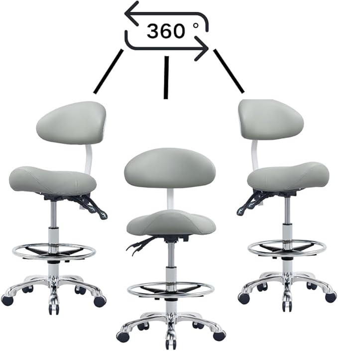 Saddle Stool Chair with Backrest and Foot Ring, Ergonomic Rolling Esthetician Seat for Salon, Tattoo Shop, Spa, Facial lash Home, Dentist Clinic, Esthetician Chair, Grey