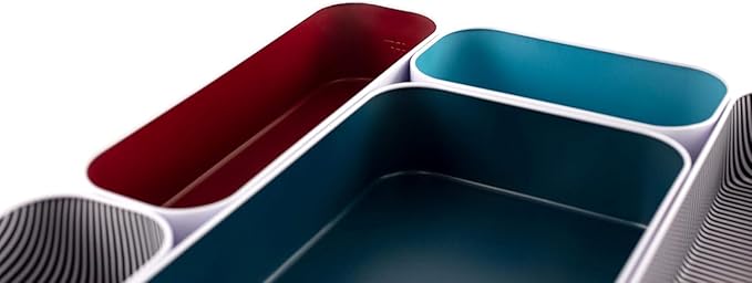 Three by Three Seattle 5 Piece Metal Organizer Tray Set for Storing Makeup, Stationery, Utensils, and More in Office Desk, Kitchen and Bathroom Drawers (2 Inch, Blue Berry and Stripes)