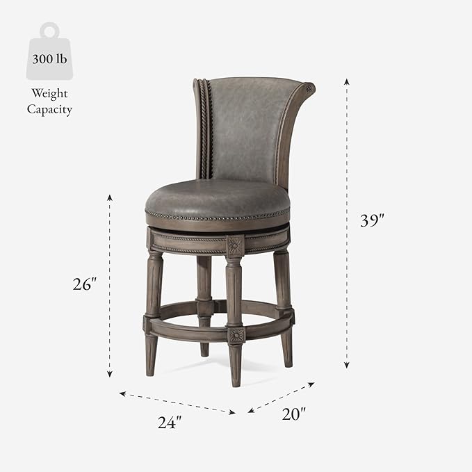 Maven Lane Pullman Counter Stool 26 Inches – Swivel Stool with Footrest – Grey Solid Wood Frame & Grey Faux Leather Upholstery – Perfect for Kitchen Islands & Counters