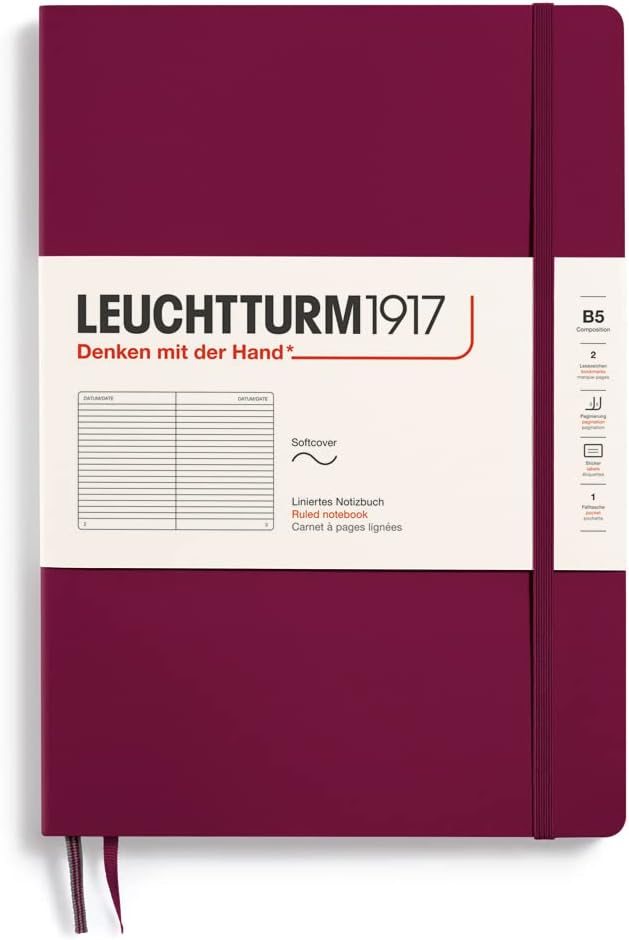 LEUCHTTURM1917 - Notebook Softcover Composition B5-123 Numbered Pages for Writing and Journaling (Ruled, Port Red)