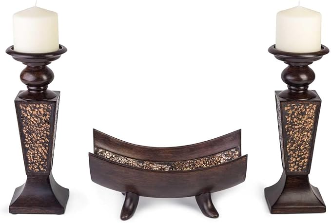 Creative Scents Schonwerk Brown Pillar Candle Holder Set of 2- Crackled Mosaic Design- Functional Table Decorations- Centerpieces for Dining/Living Room- Best Wedding Gift