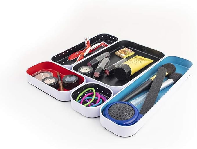 Three by Three Seattle 5 Piece Metal Organizer Tray Set for Storing Makeup, Stationery, Utensils, and More in Office Desk, Kitchen and Bathroom Drawers (1 Inch, Blue Black Red and Dots)