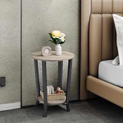 VASAGLE Round Side End Table, 2-Tier Accent Bedside Table with Storage Shelf, Easy Assembly, Nightstand for Small Spaces, Living Room, Bedroom, Heather Greige and Ink Black ULET057B02