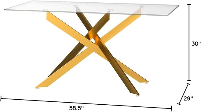 Edwin's Choice 58.5” Rectangle Glass Dining Table, Tempered Glass Table Top and Metal Tubular Legs, Modern Style Table for Home, Kitchen, Dining Room 58.5”Lx29”Wx30”H, Gold
