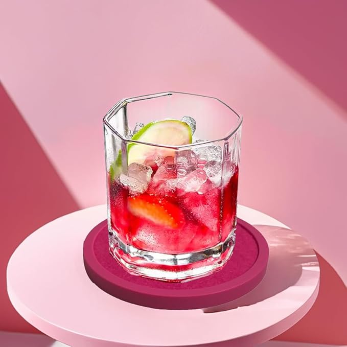 Absorbent Coasters for Drinks with Holder - 6packs, Silicone Coaster with Soft Felt Insert (4.3 inch Coasters with 4.5 inch Holder, Pink)