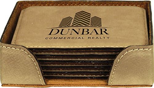 Custom Engraved Coasters | Personalized Leather Coaster | Set of 6 | Drink Coasters with Holder | Laser Engraved | Tabletop Protection | Gift for Couples (Square 4" x 4", Light Brown w/Black)