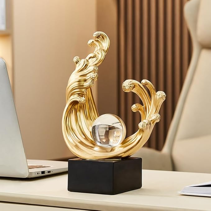 Modern Abstract Decorative Wave Statue, Gold Abstract Art Home Decor,Crystal Ball Art Wave Resin Sculpture, Office Desk Stand, Dining Table Center Decorative Aesthetics(A,Gold)