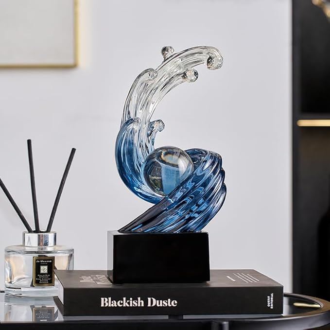 Modern Abstract Decorative Wave Statue, Blue Abstract Art Home Decor,Crystal Ball Art Wave Resin Sculpture, Office Desk Stand, Dining Table Center Decorative Aesthetics(B,Navy-Blue)