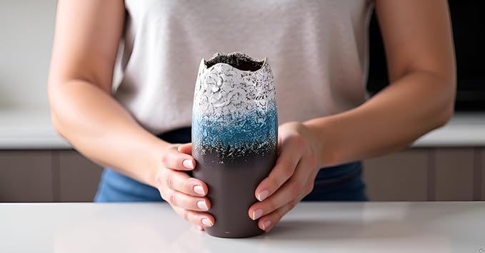 Handcrafted Ceramic Vase – Modern Textured Flower Vase with Gradient Glaze, Rustic Home Décor Accent for Living Room, Office, and Table Centerpiece – Blue, White & Brown