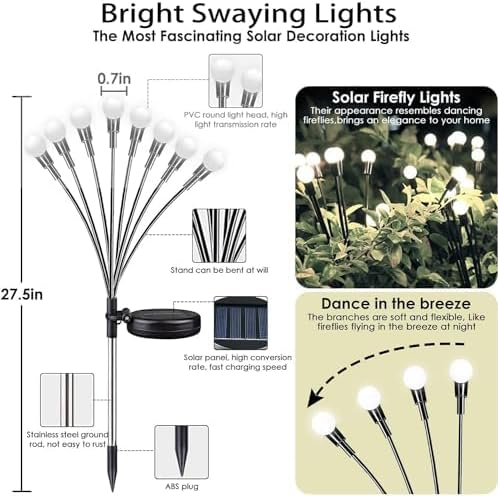 OZS 4 Pack Total 32 LED Solar Garden Lights Fairy Outdoor - Solar Firefly Lights Outdoor, Sway by Wind, Waterproof for Garden Patio Pathway Fairy Decoration (Cold White)