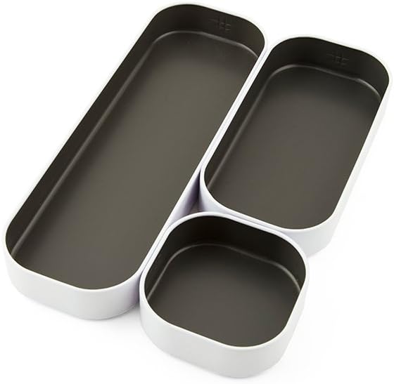 Three by Three Seattle 3 Piece Shallow Metal Organizer Tray Set for Storing Makeup, Stationery, Utensils, and More in Office Desk, Kitchen and Bathroom Drawers (1 Inch, Gray and White)