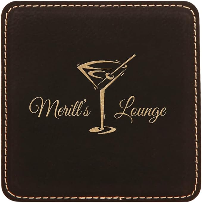Custom Engraved Coasters | Personalized Leather Coaster | Set of 6 | Drink Coasters with Holder | Laser Engraved | Tabletop Protection | Gift for Couples (Square 4" x 4", Black w/Gold)