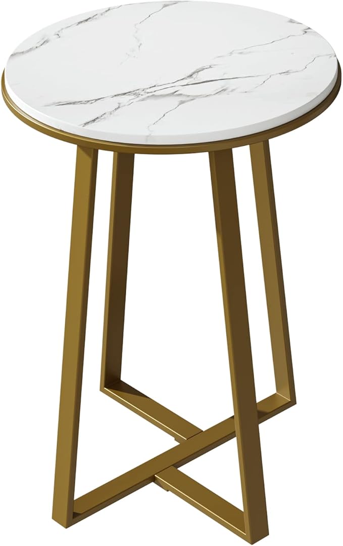 Round End Tables, Small Side Table White Marble Texture MDF Top,Metal Frame Gold Color, Tall End Table for Bed Room,Coffee Tea End Table for Living Room (White Marble+Gold)