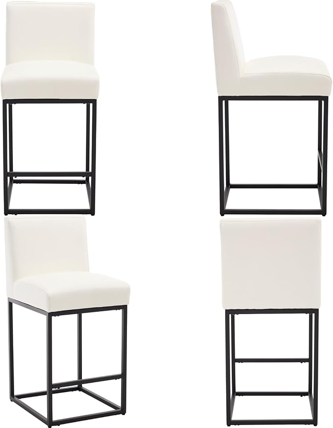 VESCASA Faux Leather 27 inches Counter Height Bar Stools with Padded Back, Modern Upholstered Counter Stool Chairs with Black Metal Frame for Kitchen Island, Set of 6, White