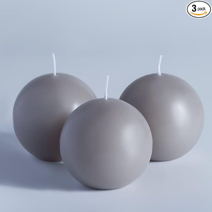MOZEAL Hand-Poured, 3 Inch Gray Round Ball Candles - Elegant Gray Round Pillar Candles Set of 3, Dripless, Unscented, Smokeless, Ideal for Modern Home Decor.