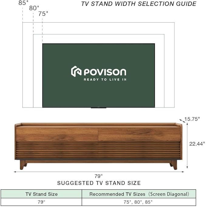 POVISON Fully-Assembled Mid Century Modern TV Stand with Legs, Wood Media Console with Adjustable LED Light, Entertainment Center with Storage for Living Room
