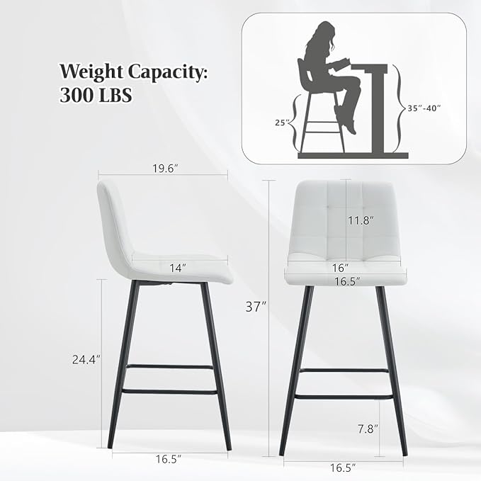 White Barstools Set of 4, 24.4" Counter Height Bar Stools with Back & Metal Footrest, Modern Island Chairs Set of 4 for Kitchens Island Home Bar