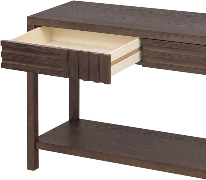 Mid Century Modern Console Table with Ash Veneer,Wood Fluted Entryway Table with Storage Drawers and Shelf for Entryway,Foyer,Living Room (Brown)