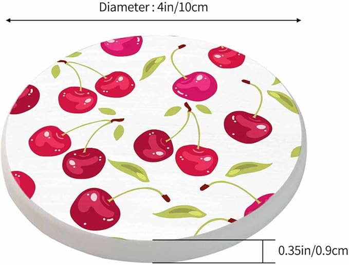 Cherry Berries Coasters for Drinks Office Coffee Table Healthy Fresh Fruit Food Glossy Leaf Organic Ripe Sweet Graphic Living Room Decor Set of 2 for Cold Drinks Wine Mugs and Cups 4 Inch