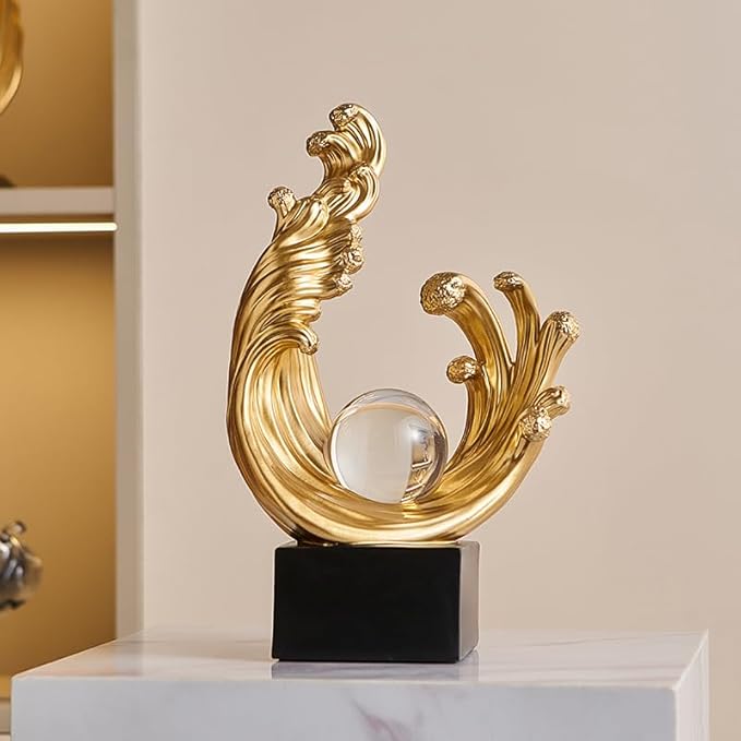 Modern Abstract Decorative Wave Statue, Gold Abstract Art Home Decor,Crystal Ball Art Wave Resin Sculpture, Office Desk Stand, Dining Table Center Decorative Aesthetics(A,Gold)