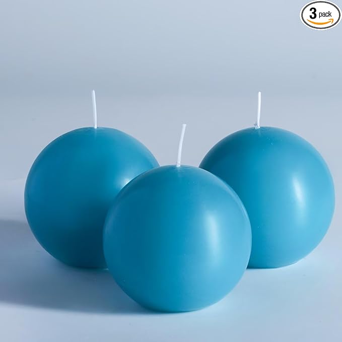 MOZEAL Hand-Poured, 3 Inch Turquoise Round Ball Candles - Elegant Teal Round Pillar Candles Set of 3, Dripless, Unscented, Smokeless, Ideal for Summer Parties.
