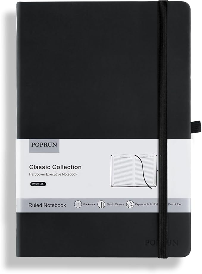 POPRUN A5 Lined Journal Notebooks, Leather Hardcover Thick Notebook for Writing, Business Work, Travel, School, College, Christmas, 5.5 x 8.3 inch, 240 Pages Classic Ruled Journals Notepad, Black