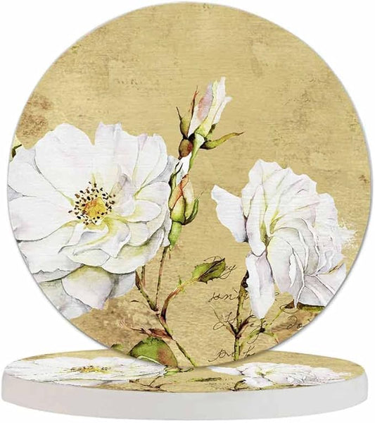 Vintage Roses Floral Coaster Old French Book Design Retro Romantic Flowers Bouquet Tabletop Protection for Any Table Type Wood, Granite, Glass, Soapstone, Sandstone, Marble, Stone Tables