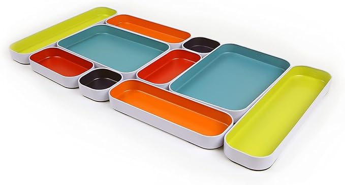 Three by Three Seattle 10 Piece Shallow Metal Organizer Tray Set for Storing Makeup, Stationery, Utensils, and More in Office Desk, Kitchen and Bathroom Drawers (1 Inch, Assorted Colors)
