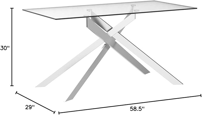 Edwin's Choice 58.5” Rectangle Glass Dining Table, Tempered Glass Tabletop and Metal Tubular Legs, Modern Style Table for Home, Kitchen, Dining Room 58.5”Lx29”Wx30”H, Silver