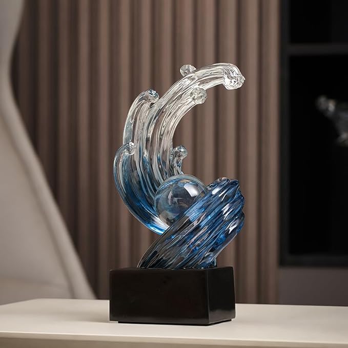Modern Abstract Decorative Wave Statue, Blue Abstract Art Home Decor,Crystal Ball Art Wave Resin Sculpture, Office Desk Stand, Dining Table Center Decorative Aesthetics(B,Navy-Blue)