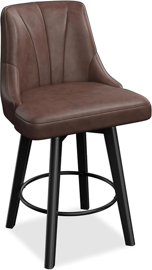 Counter Height Swivel Bar Stool, 24" Upholstered PU Leather Barstools, Counter Stool Chair with Back & Solid Wood Legs for Kitchen Island Dining Room (Brown)