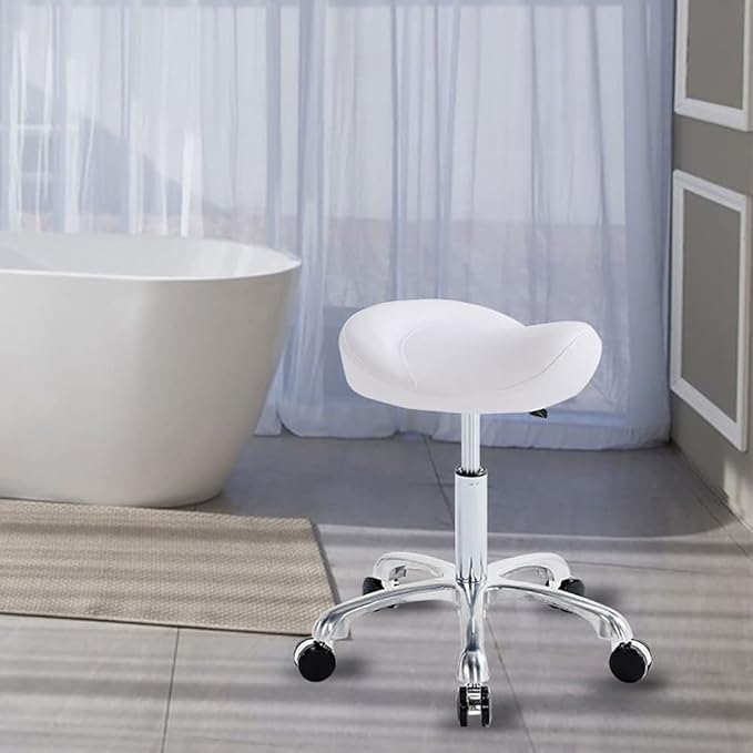 Saddle Stool Rolling Swivel Height Adjustable with Wheels. Saddle Chair Salon, Spa, Tattoo, Pedicure, Massage -Esthetician Chair(White)