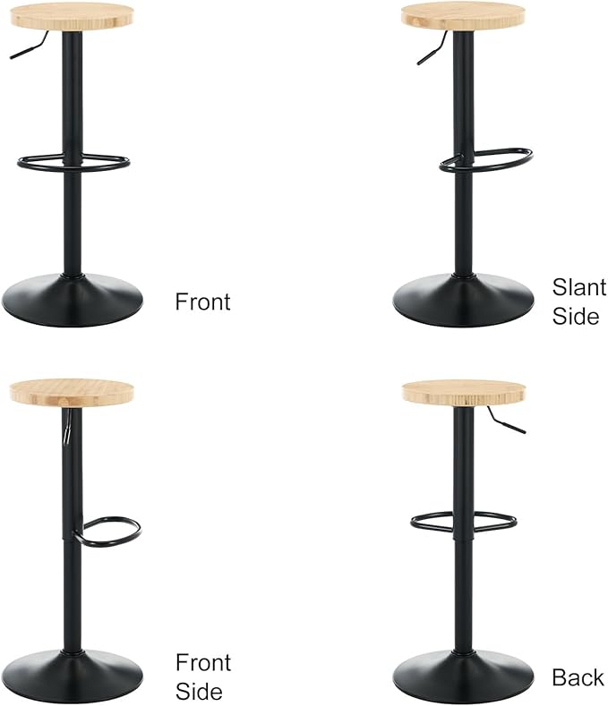 Bamboo Backless Bar Stools Set of 2, Swivel Bar Stools, Adjustable Bar Stools, Modern Bar Stools with Hard Seat, Backless Counter Height Barstools for Kitchen Island, Cafe, Dining Room, Black