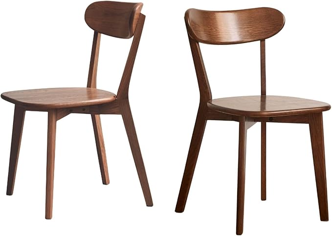 Mid Century Oak Wood Dining Chairs Set of 2, 100% Solid Wood Kitchen Chair with Rounding Edges & Curved Backrest, Modern Armless Accent Dining Chairs for Kitchen Dining, Walnut