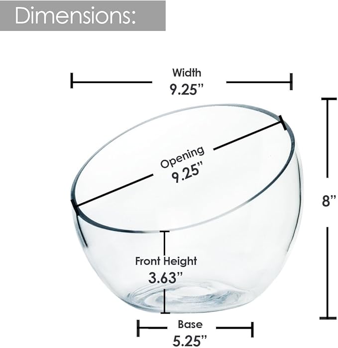 Craft And Party, Slant Cut Bowl Glass Vase, Glass Fish Bowl Vase, 8.5" Height x 10" Width Fruit Jar, Candy Dish, Clear Terraium, Flower Vase Centerpiece