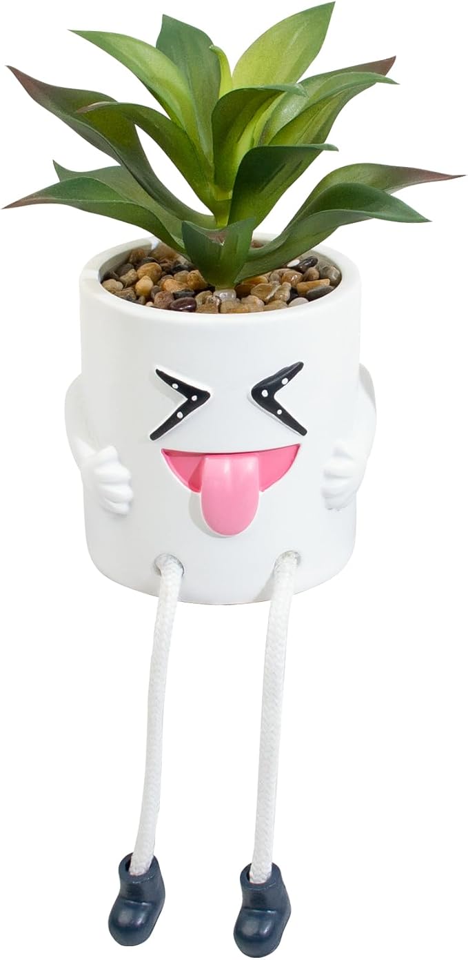 Fake Plant Mini Potted Succulents with Hanging Leg White Cute Pot Creative Artificial Succulent Plants in Funny Pot Faux Succulents for Home Office Shelf Desk Decor and Gift Choice