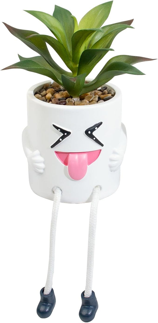 Fake Plant Mini Potted Succulents with Hanging Leg White Cute Pot Creative Artificial Succulent Plants in Funny Pot Faux Succulents for Home Office Shelf Desk Decor and Gift Choice