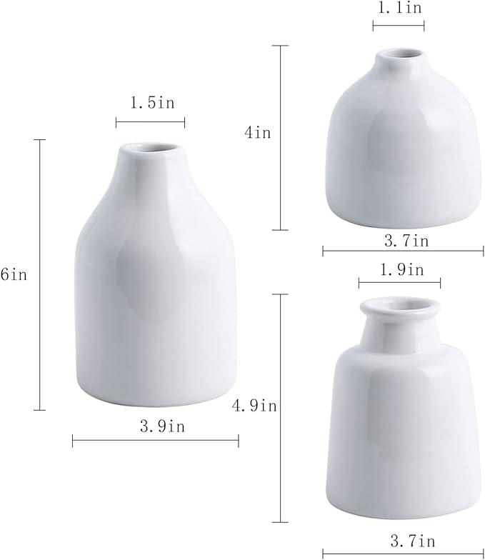 hjn Small White Vase Set of 3 for Modern Home Decor,Ceramic Vases for Centerpieces Flower Vases for Living Room Wedding/Dinner Table/Party -White