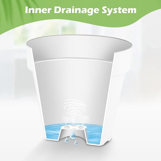 3-Pack 8/9/10 Inch Plastic Plant Pots with Saucers – Durable BPA-Free Planters with 21 Drainage Holes, Raised Bottom Breath and Bottom Watering Design for Indoor & Outdoor – White