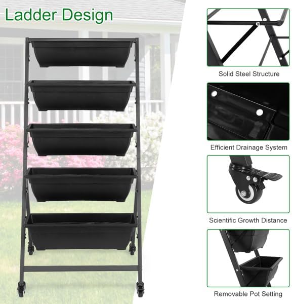 5 Tiers Vertical Garden Raised Beds with Mobile Legs Elevated Planter Boxes with 5 Container Boxes Vertical Raised Garden Planter Outdoor with Drainage Holes & Removable Pale Black Raised Bed Box