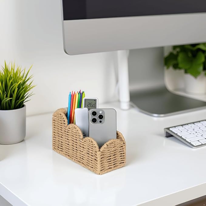 CubesLand Scalloped Pen Pencil Holder Cup, Makeup Brush Holder, TV Remote Control Holder Bedside Organizer, Office Desk Caddy Storage Organizer Accessories, Fits Farmhouse Rustic Office Decor, Beige