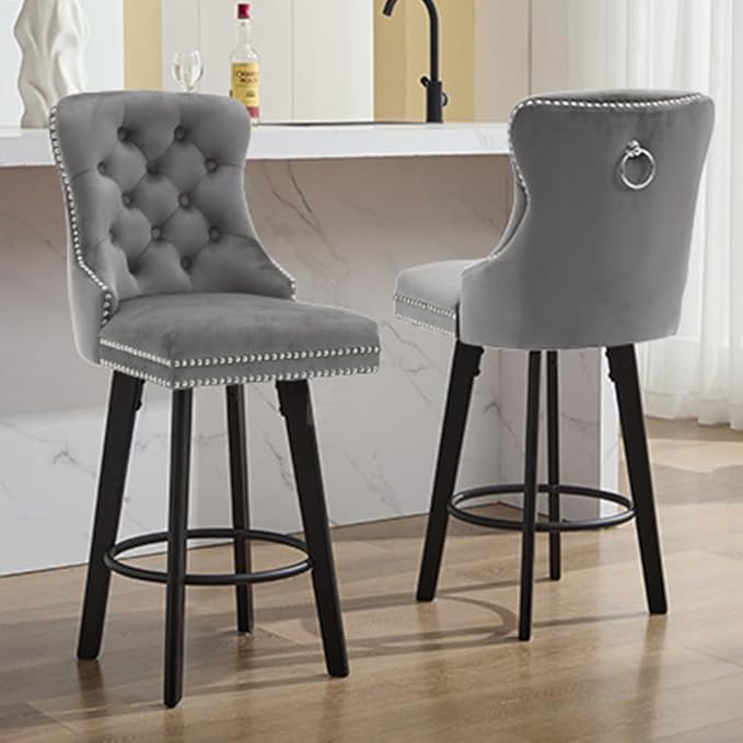 YISHENG Modern Swivel 27" H Seat Set of 6 Velvet Barstools with Backrest and Footrest,Button Tufted Rivet Trim Dining Room Chairs with Metal Pull Ring for Kitchen Island，Bistro, Home Bar，Gray