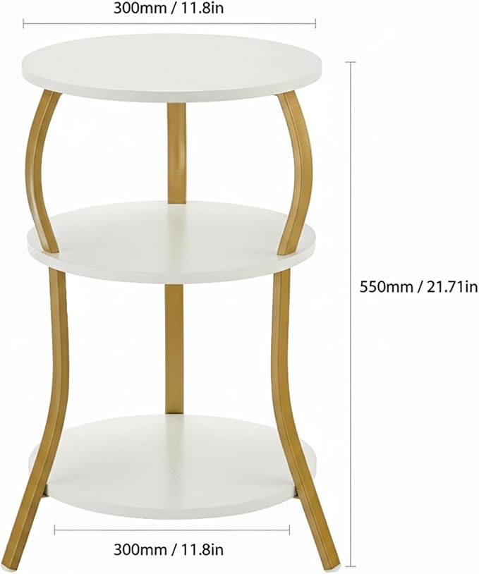 Vintage Small Round Side Table, 3-Tier Slim Waist Circular End Table with Storage Shelf, Compact Tea Sofa Table, Round Corner Coffee Table Nightstand for Living Room Bedroom Small Spaces,White+ Gold