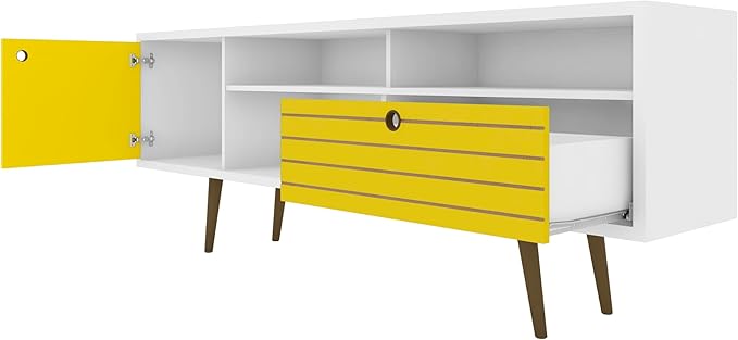 Manhattan Comfort Liberty Mid Century Modern TV Stand for Televisions up to 65 Inches, Bedroom and Living Room Entertainment Center with Storage, Shelves, and Cabinet, 71" Wide, White/Yellow